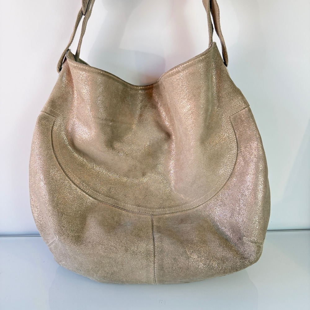 Cofi Gold Brushed Hobo Shoulder Bag Womens Metallic Genuine‎ Leather Slouchy